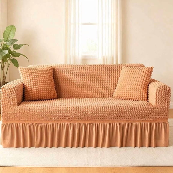 Flesh Orange Non-Slip Elastic Skirted Sofa Cover - Full Coverage For 1 To 4 Seat Sofas, Living Room Decor