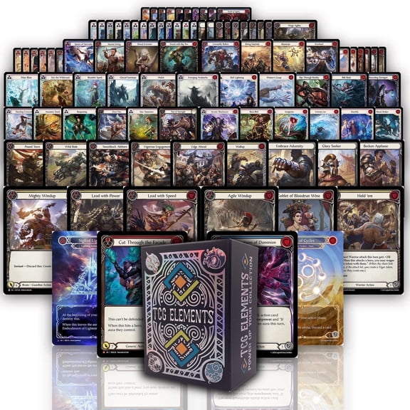 TCG Elements - Flesh and Blood TCG Bundle, 100 Uncommon/Common Cards, 5 Foils, 5 Tokens, One Marvel or Majestic Card +TCG Elements Deck Box