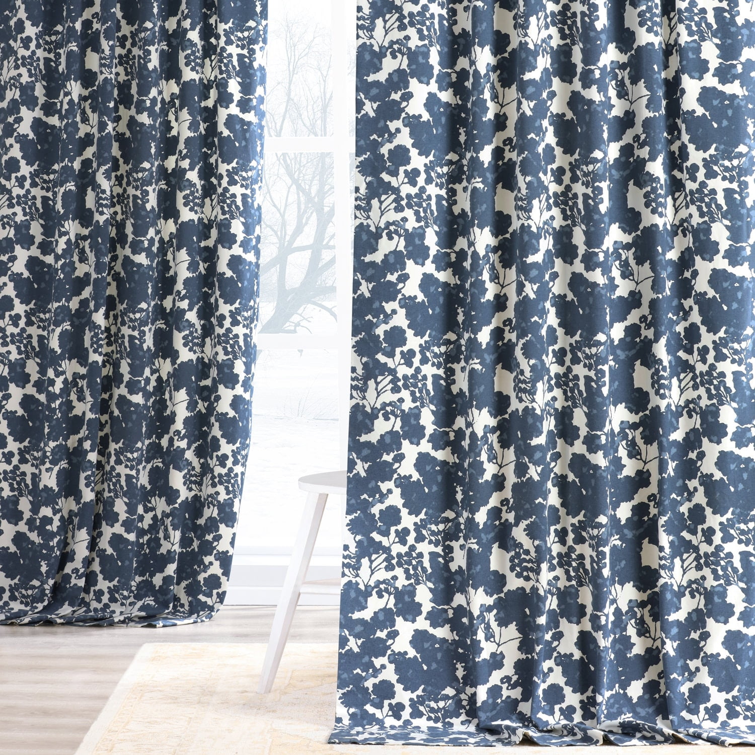 Fleur Blue Printed Cotton Twill Curtain (1 Panel), Fleur Blue, 50W X 108L