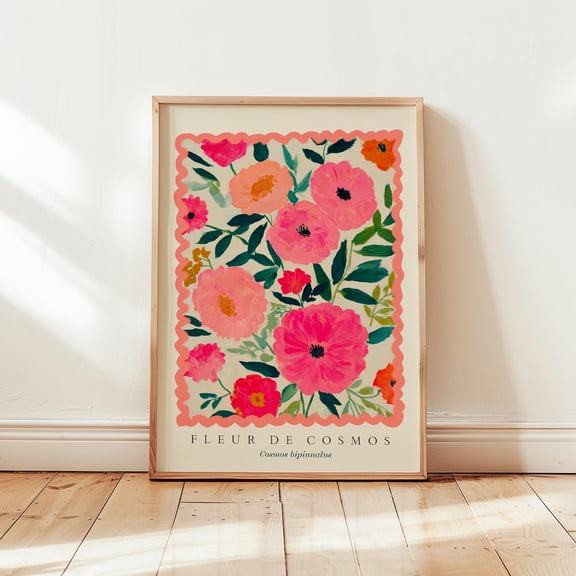 Fleur De Cosmos Botanical Flower Poster Cosmos Illustration In Pink Vintage Botanical Print Wall Art Pink Flowers Vintage Style Wall Picture, Poster Only