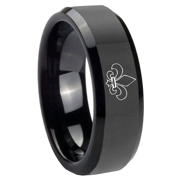 Fleur De Lis 8MM Beveled Edge Polish Black Tungsten Men Ring