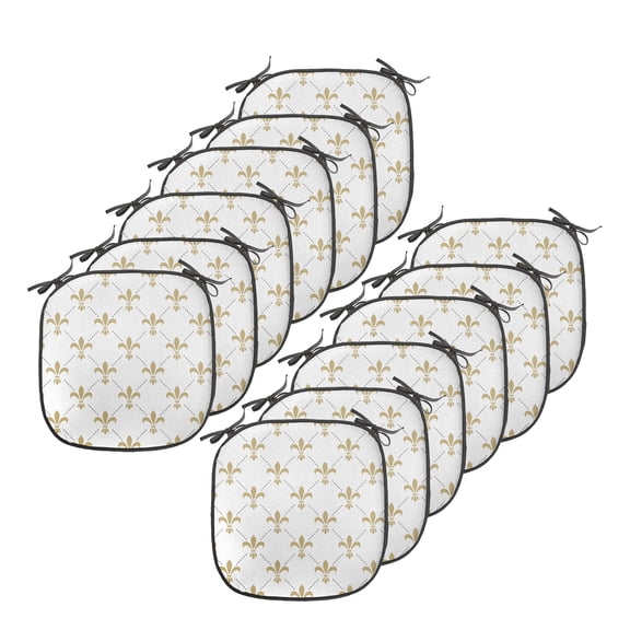 Fleur De Lis Chair Seating Cushion Set of 12, Repeated Abstract Floral Old Antique Royal Forms in Checkered Effect, Seat Pads for Office with Anti-slip Backing, 16"x16", Yellow and White, by Ambesonne