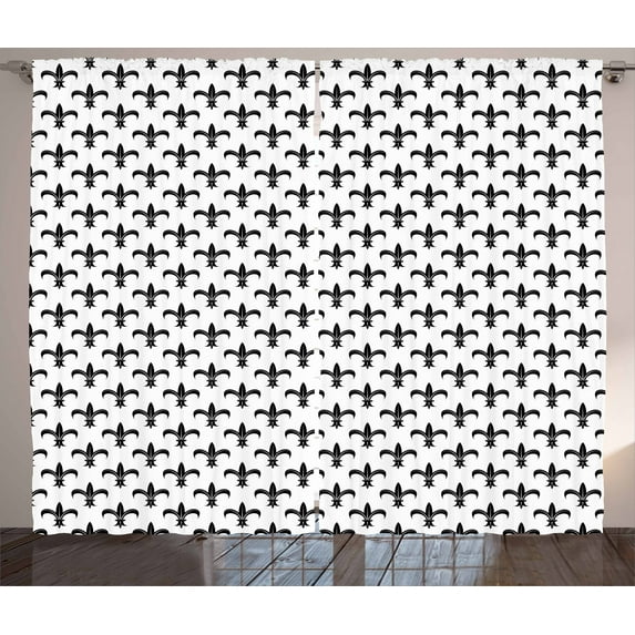 Ambesonne Fleur De Lis Curtains 2 Panel Set, Black Royal Lily, 108" x 84", Black White