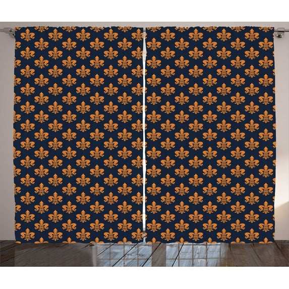 Ambesonne Fleur De Lis Curtains 2 Panel Set, Victorian Gothic, 108" x 90", Dark Blue Orange