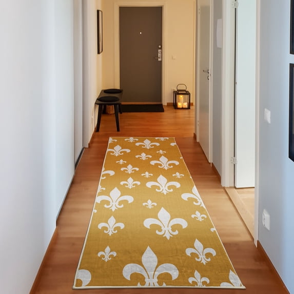 Fleur De Lis Decorative Rug, Lily Pattern Classic Retro Royal Vintage European Iris Ornamental Art, Quality Carpet for Bedroom Dorm and Living Room, 6 Sizes, Earth Yellow, by Ambesonne