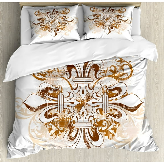 Fleur De Lis Duvet Cover Set, Antique Heraldry Vintage Floral Swirls Traditional Old Fashion, Decorative 3 Piece Bedding Set with 2 Pillow Shams, King Size, Brown White, by Ambesonne