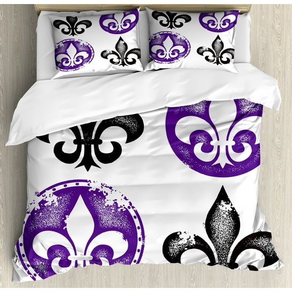 Fleur De Lis Duvet Cover Set, Arrangement of Fleur De Lis Designs Silhouettes Vintage Spiral Art, Decorative 3 Piece Bedding Set with 2 Pillow Shams, King Size, Black Purple, by Ambesonne