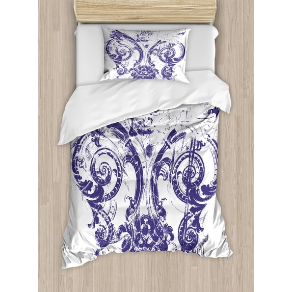 Fleur De Lis Duvet Cover Set, Digital Grunge Lily Emperor Flag Victorian Kingdom Imperial Theme Print, Decorative 2 Piece Bedding Set with 1 Pillow Shams, Twin Size, Purple White, by Ambesonne