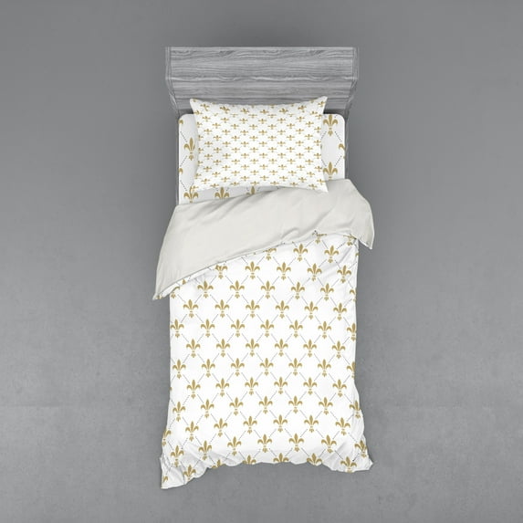 Fleur De Lis Duvet Cover Set, Fleur De Lis Pattern Vintage Flower Royal Design, Bedding Set with Shams and Fitted Sheet, 3 Sizes, by Ambesonne