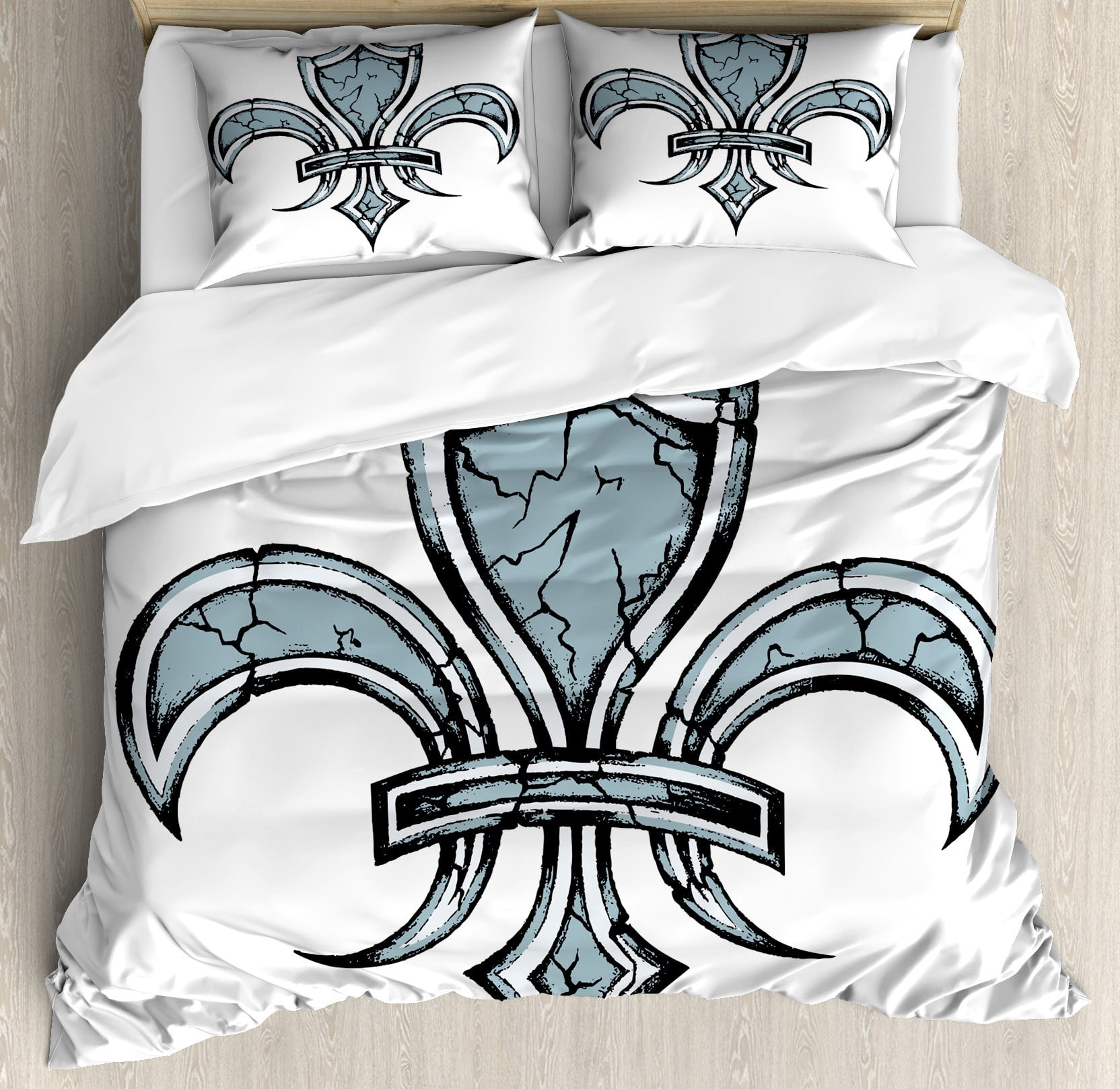 King Blue White Black Fleur De Lis Duvet Cover Set
