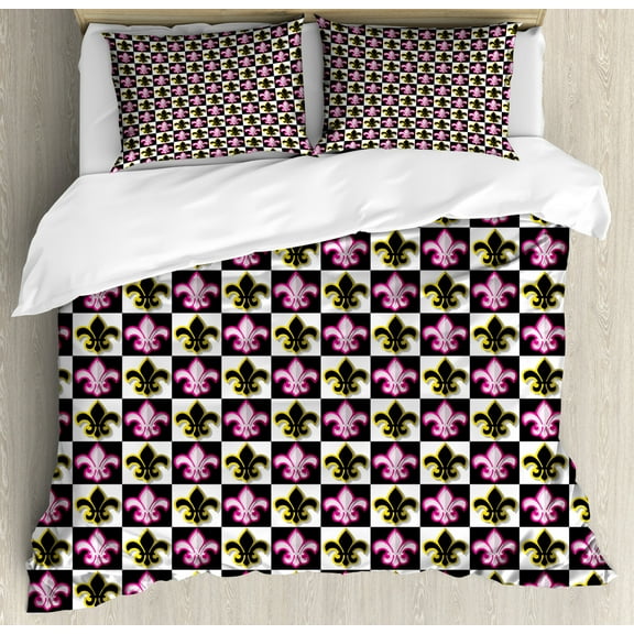 Fleur De Lis Duvet Cover Set King Size, Antique Classical Foliage Leaf Motifs with Pop Art Influences Checkered Design, Decorative 3 Piece Bedding Set with 2 Pillow Shams, Multicolor, by Ambesonne