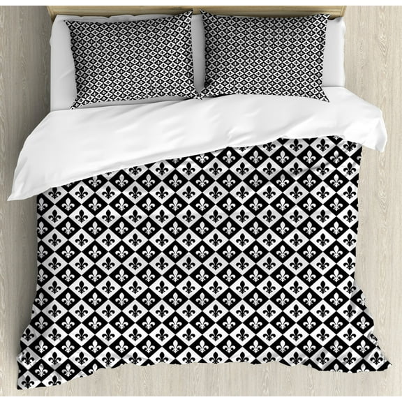 Fleur De Lis Duvet Cover Set King Size, Checkerboard Pattern Rectangles European Heraldic Design Monochrome Emblem, Decorative 3 Piece Bedding Set with 2 Pillow Shams, Black White, by Ambesonne
