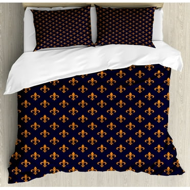 Fleur De Lis Duvet Cover Set King Size, Floral Pattern with Pointed Buds and Curved Leaves Ancient Western Motifs, Decorative 3 Piece Bedding Set with 2 Pillow Shams, Indigo Orange, by Ambesonne