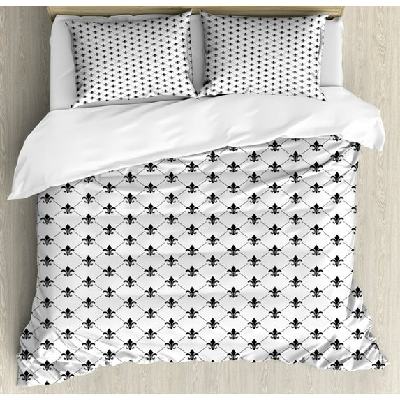 Fleur De Lis Duvet Cover Set King Size, French Damask Composition Monochrome Pattern Royal Classic Insignia Motif, Decorative 3 Piece Bedding Set with 2 Pillow Shams, Black White, by Ambesonne