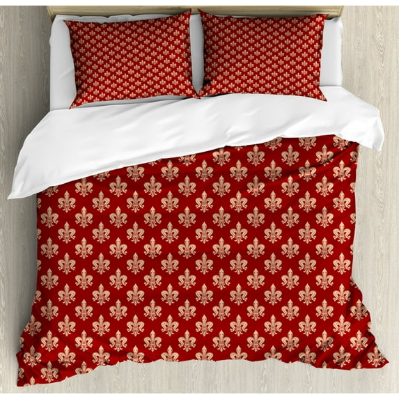 Fleur De Lis Duvet Cover Set Queen Size, French Royalty Coats of Arms Lily Vintage Kingdom Classic Heraldry, Decorative 3 Piece Bedding Set with 2 Pillow Shams, Peach and Vermilion, by Ambesonne