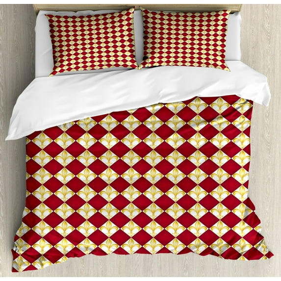 Fleur De Lis Duvet Cover Set Queen Size, Geometrical Rhombus Arrangement Western Culture Royal Lily Pattern, Decorative 3 Piece Bedding Set with 2 Pillow Shams, Ruby Yellow White, by Ambesonne