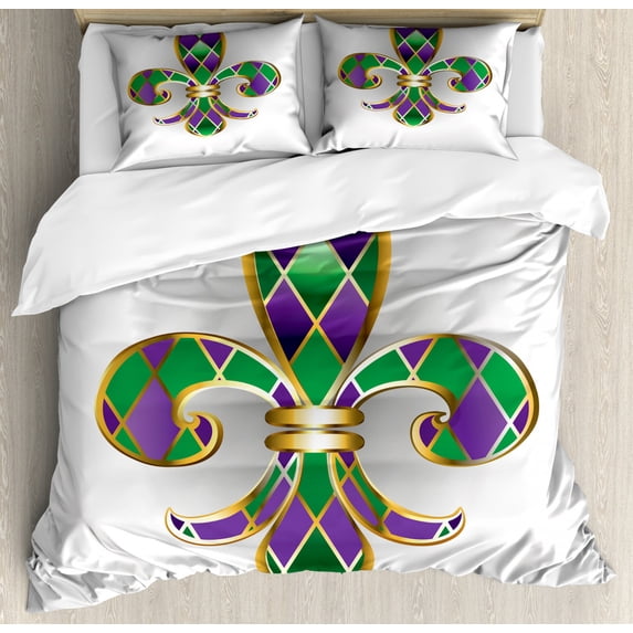 Fleur De Lis Duvet Cover Set Queen Size, Golden Yellow Colored Lily Symbol With Diamond Shapes Royalty Theme Ancient, Decorative 3 Piece Bedding Set with 2 Pillow Shams, Purple Green, by Ambesonne