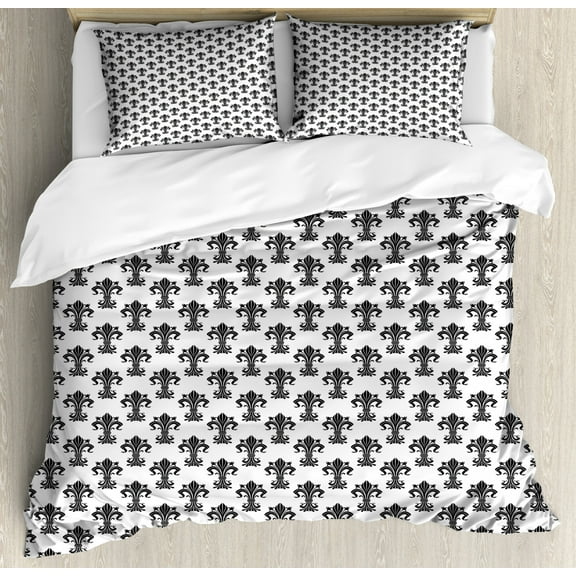 Fleur De Lis Duvet Cover Set Queen Size, Historical European Heraldry Symbol with Rich Iris Buds and Curved Leaves, Decorative 3 Piece Bedding Set with 2 Pillow Shams, Black White, by Ambesonne