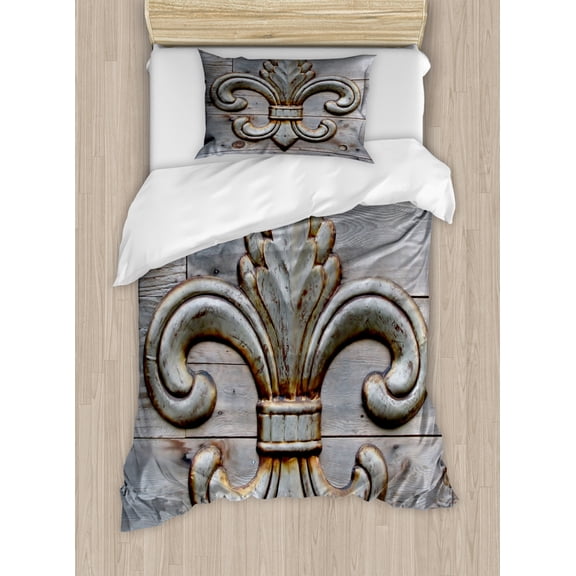 Fleur De Lis Duvet Cover Set Twin Size, Ancient Lily Symbol on Weathered Old Wooden Planks Historical Theme Image, Decorative 2 Piece Bedding Set with 1 Pillow Sham, Grey Brown, by Ambesonne