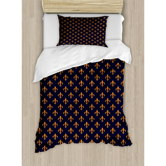 Fleur De Lis Duvet Cover Set Twin Size, Floral Pattern with Pointed Buds and Curved Leaves Ancient Western Motifs, Decorative 2 Piece Bedding Set with 1 Pillow Sham, Indigo Orange, by Ambesonne