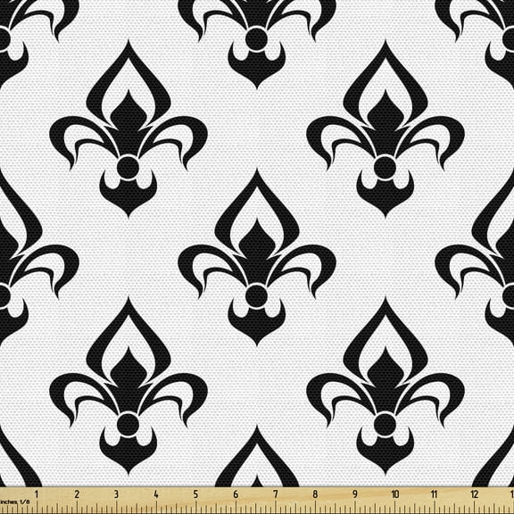 Ambesonne Fleur De Lis Fabric by the Yard Upholstery, Western Baroque, 2 Yards, Black White