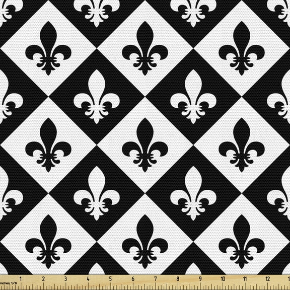 Ambesonne Fleur De Lis Fabric by the Yard Upholstery, Checkerboard Logo, 5 Yards, Black White