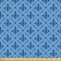 Ambesonne Fleur De Lis Fabric by the Yard Upholstery, Checkered Floral Form, 1 Yard, Blue Dark Blue