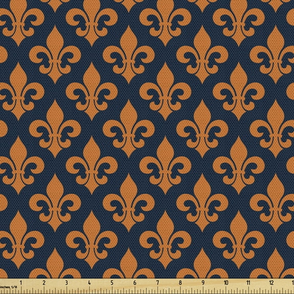 Fleur De Lis Fabric by the Yard, Orange Heraldry Pattern France History Kingdom Royalty Theme, Decorative Upholstery Fabric for Sofas and Home Accents, 3 Yards, Indigo Orange by Ambesonne