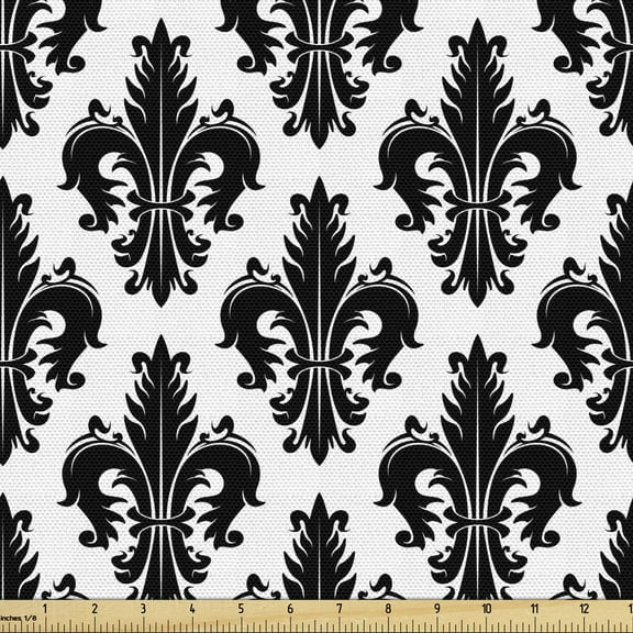 Ambesonne Fleur De Lis Fabric by the Yard Upholstery, Royal Lily Pattern, 1 Yard, Black White