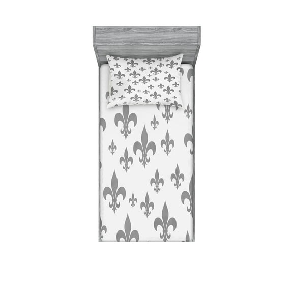 Fleur De Lis Fitted Sheet & Pillow Sham Set, Lily Pattern Classic Retro Royal Vintage European Iris Ornamental Art, Decorative Printed 4 Piece Bedding Decor Set, Twin, Grey, by Ambesonne