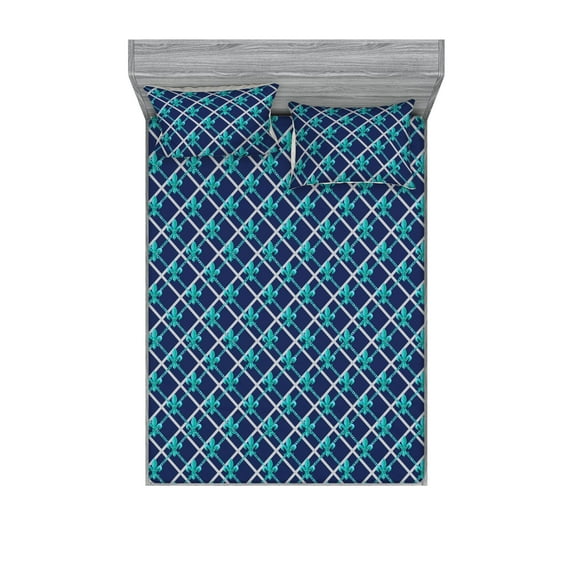 Fleur De Lis Fitted Sheet & Pillow Sham Set, Modern Aquatic Royal French Motifs with Pale Grey Checkered Squares, Decorative Printed 3 Piece Bedding Decor, Queen, Night Blue Turquoise, by Ambesonne