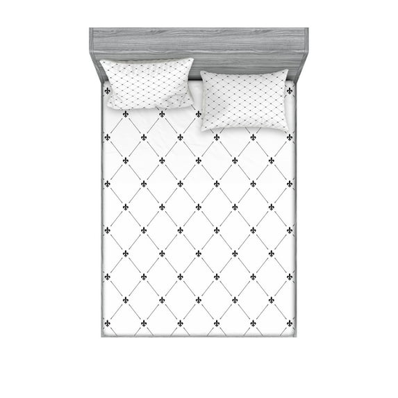 Fleur De Lis Fitted Sheet & Pillow Sham Set, Shabby Form Style Damask Pattern with Vintage Geometric Diamond Lines, Decorative Printed 6 Piece Bedding Decor Set, Calking, Black White, by Ambesonne