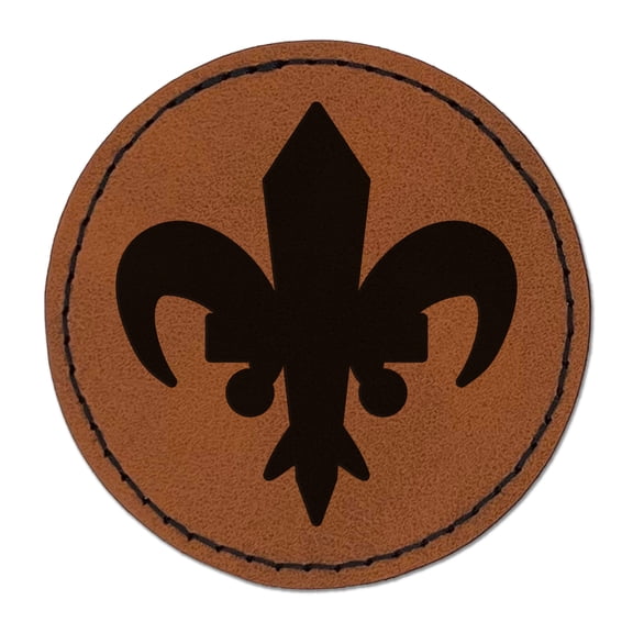 Fleur De Lis French Mardi Gras Solid 2.5" Faux Leather Round Engraved Iron-On Patch - Brown