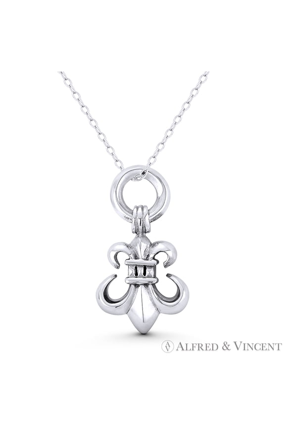 Fleur-De-Lis French Royalty Charm 28x16mm (1.1x0.6in) Pendant & Chain Necklace in Oxidized .925 Sterling Silver
