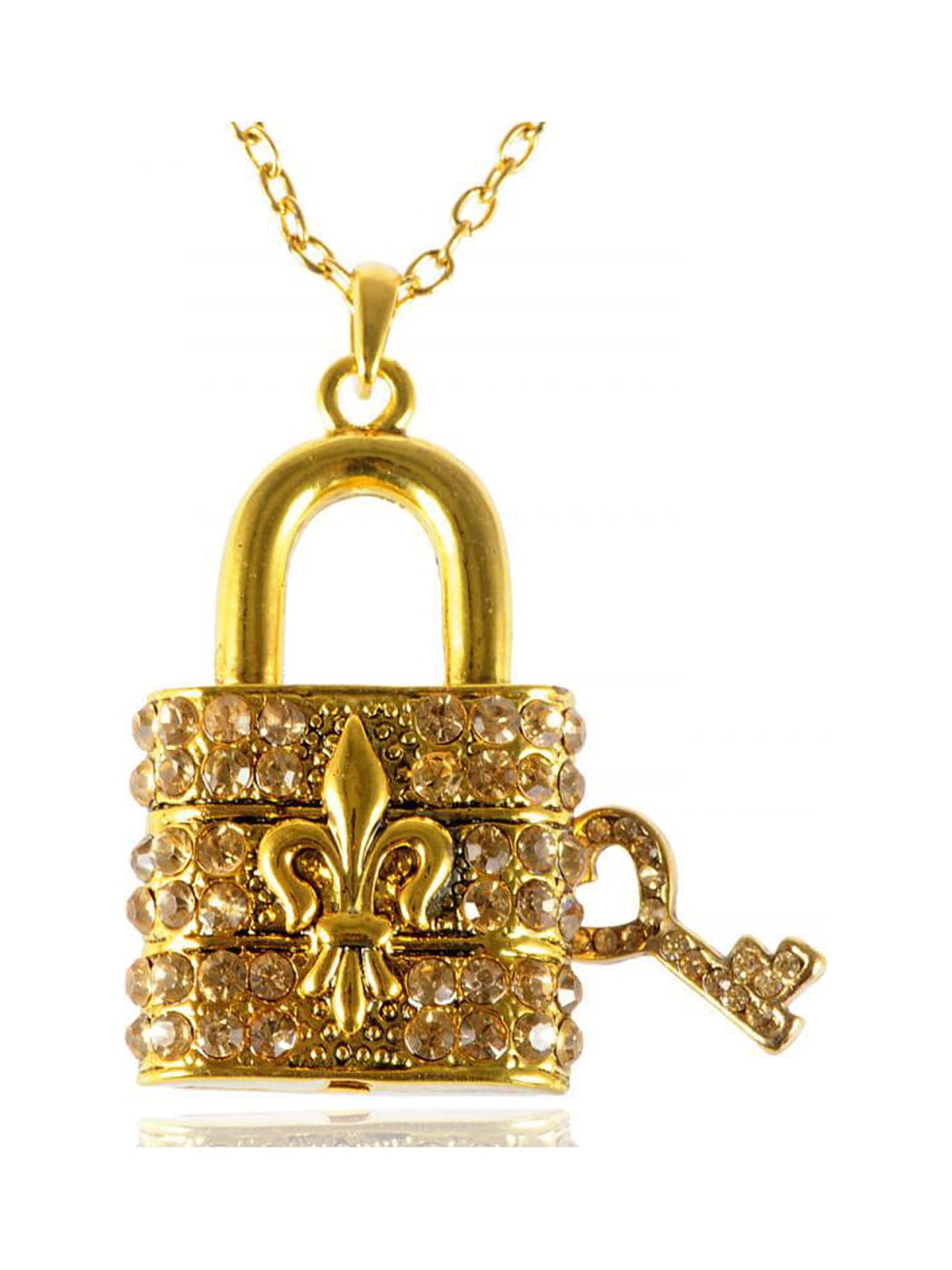 Fleur De Lis Gold Tone Locket Lock Key Topaz Crystal Rhinestone