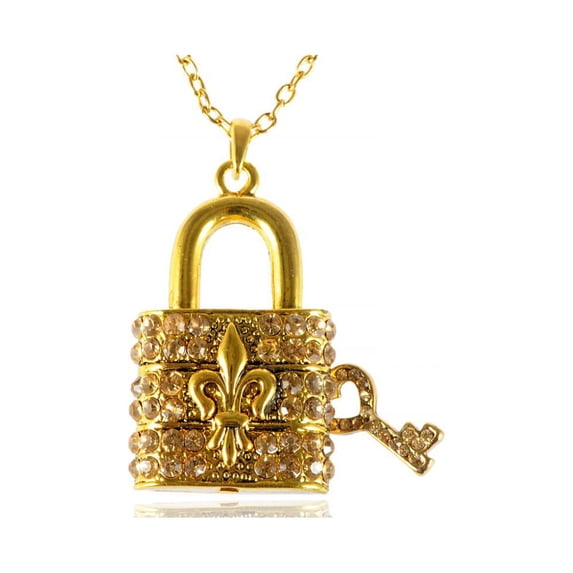 Fleur De Lis Gold Tone Locket Lock Key Topaz Crystal Rhinestone Pendant Necklace
