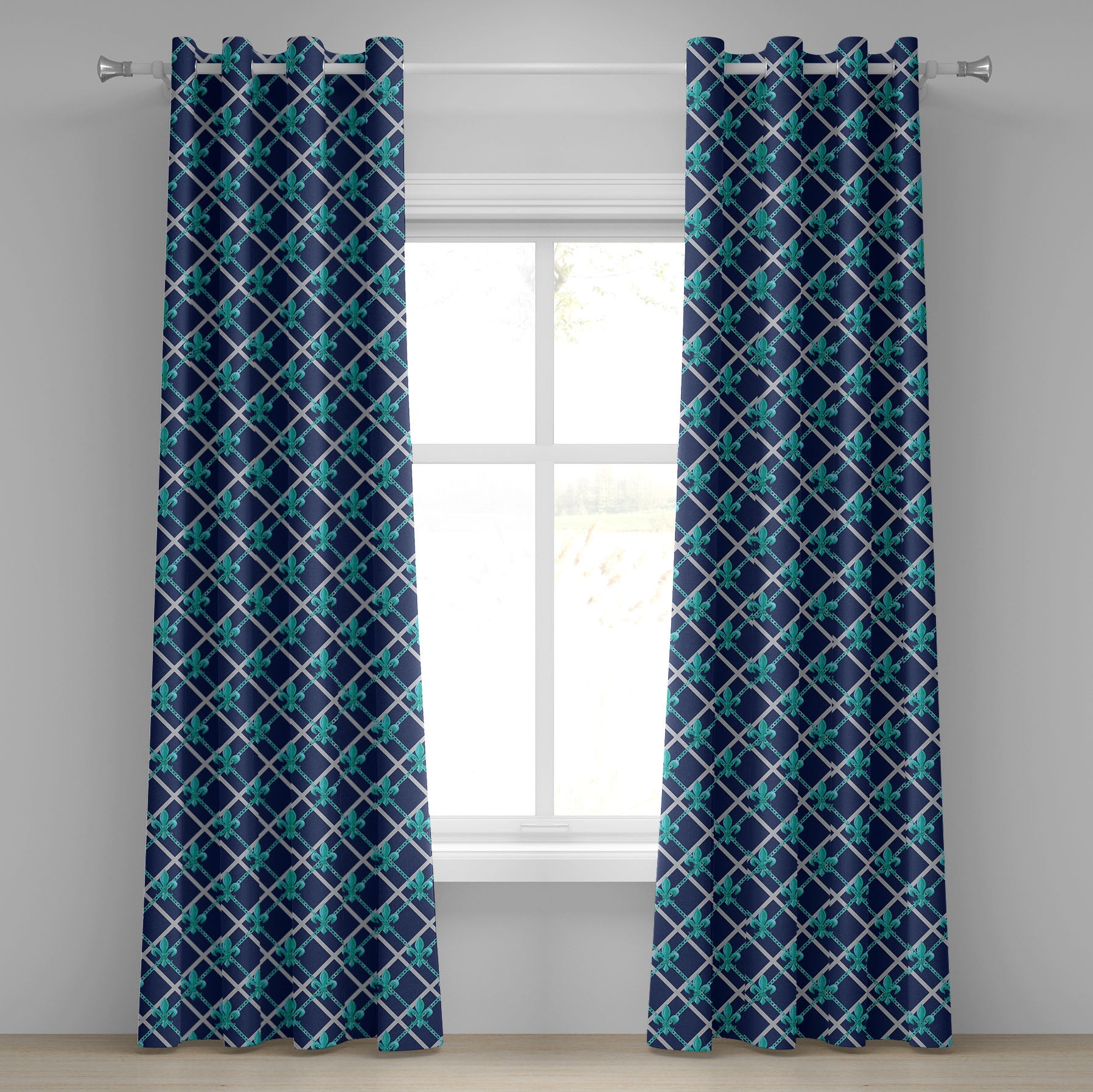 Fleur De Lis Grommet Curtain, Modern Aquatic Royal French Motifs with