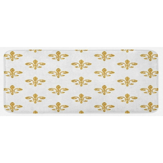 Fleur De Lis Kitchen Mat, Vintage European Lily Aristocratic Dignified Majesty Print, Plush Decorative Kitchen Mat with Non Slip Backing, 47" X 19", Yellow White