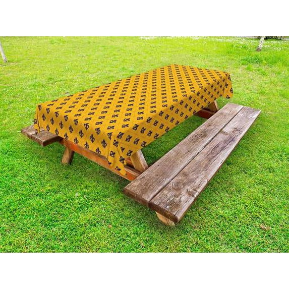 Fleur De Lis Outdoor Tablecloth, Checkered Pattern with Historical Lily Motifs Retro Emblem Floral Design, Decorative Washable Fabric Picnic Tablecloth, 58 X 104 Inches, Marigold Purple, by Ambesonne