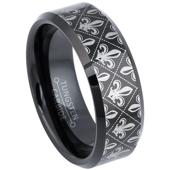 Fleur De Lis Pattern Tungsten Ring - Beveled Black Tungsten Carbide Ring - Tungsten Wedding Band -