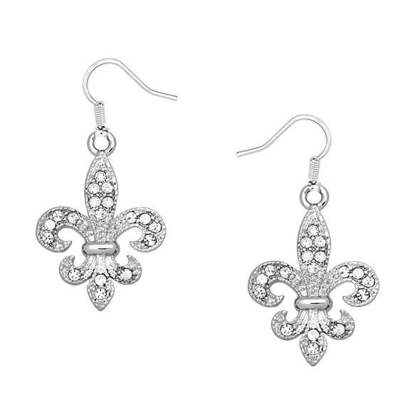Fleur De Lis Pendant Necklace or Earring Rhinestone Crystal Rhodium Plated 17 Inch Snake Chain E1560