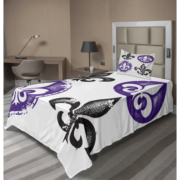 Fleur De Lis Sheet Set, Arrangement of Fleur De Lis Designs Silhouettes Vintage Spiral Art, Fitted and Flat Sheet with Pillowcase Bedding Accent 3 Piece Set, Twin XL, Black Purple, by Ambesonne