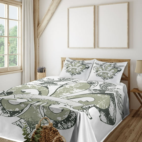 Ambesonne Floral Fitted & Top Sheet Set with Shams, Eagle Emblem Victorian, Tan White