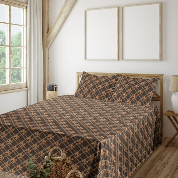 Ambesonne Fleur De Lis Fitted & Flat Sheet with Shams 4 Pcs Set, French Pattern Squares, King, Chocolate Marigold Tan