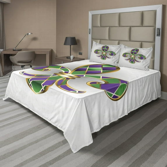 Ambesonne Fleur De Lis Fitted & Top Sheet Set with Shams, Lily Royalty, Purple Green