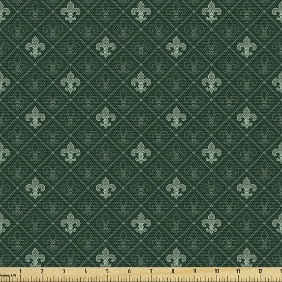Ambesonne Fleur De Lis Fabric by the Yard Upholstery, Royal Floral Forms, 1 Yard, Hunter and Sage Green