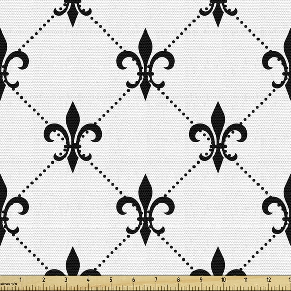 Ambesonne Fleur De Lis Fabric by the Yard Upholstery, Abstract Lily Dots, 1 Yard, Black White