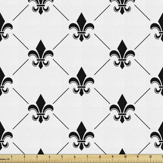Fleur De Lis Sofa Upholstery Fabric by the Yard, French Damask Composition Monochrome Pattern Royal Classic Insignia Motif, Decorative Fabric for DIY Home Accents, 10 Yards, Black White by Ambesonne