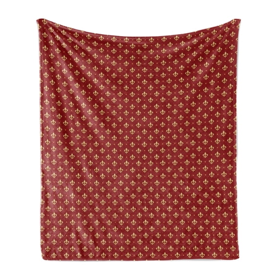 Fleur De Lis Soft Flannel Fleece Blanket, Classic Baroque Western Nobility European Boho Style Vintage Print, Cozy Plush for Indoor and Outdoor Use, 50" x 60", Vermilion and Mustard, by Ambesonne