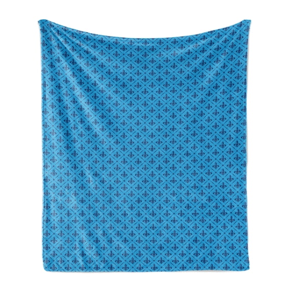 Fleur De Lis Soft Flannel Fleece Blanket, Diagonal Lines Rectangle Frames Traditional Abstract Lily Shape Monochrome, Cozy Plush for Indoor and Outdoor Use, 50" x 70", Blue Dark Blue, by Ambesonne